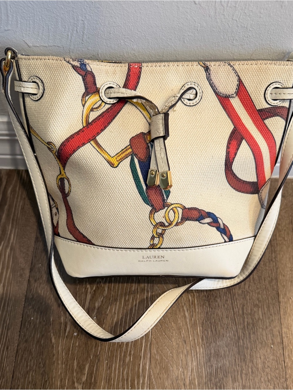 LAUREN Ralph Lauren Cream Canvas Bucket Bag with Multicolor Equestrian Print